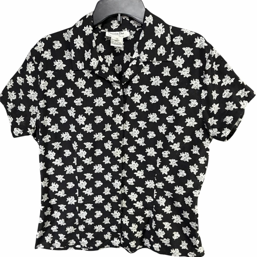 Vintage Christian Dior Separates Blouse Women 10 Black White Floral Modest Retro - Picture 2 of 12